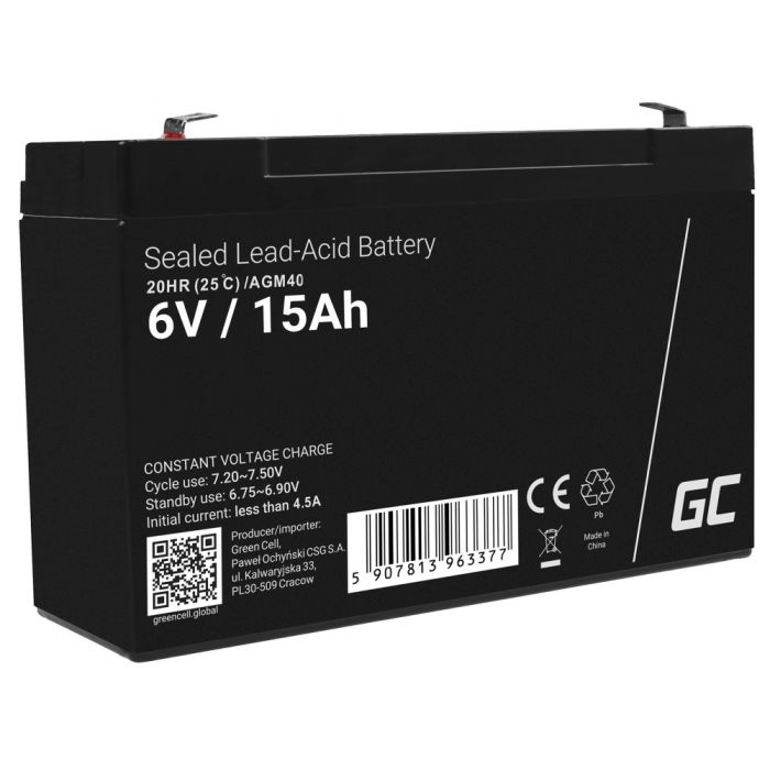 Green Cell AGM 6V 15Ah VRLA Battery Gel deep cycle toys for kids alarm systems for toy vehicles toy car (AGM40) Green Cell AGM 6V 15Ah VRLA Battery Gel deep cycle toys for kids alarm systems for toy vehicles toy car (AGM40)