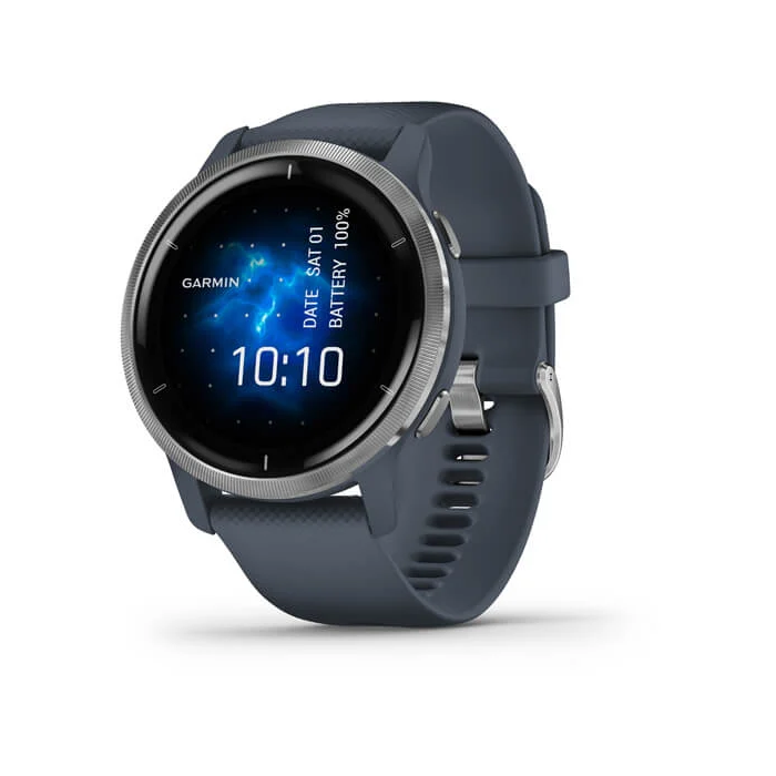 Garmin Venu 2 Sudraba krāsas nerūsējošā tērauda ietvars ar granīta zilu korpusu un silikona pulksteņa siksniņu (010-02430-10)