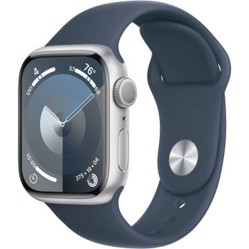 Apple Watch Series 9 GPS 41mm Silver Aluminium Case with Storm Blue Sport Band (S/ M) MR903