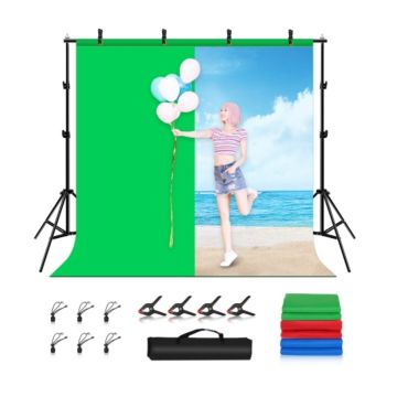 Puluz PKT5204 2x2m Photo Studio Background Support Stand Backdrop Crossbar Bracket Kit with Red / Blue / Green Backdrops