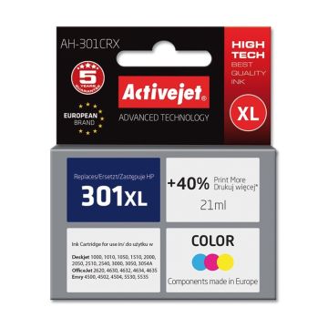 Activejet AH-301CRX HP Printer Ink, Compatible with HP 301XL CH564EE; Premium; 21 ml; colour. Prints 40% more.