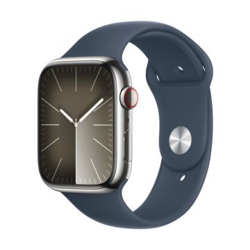 Apple Watch Series 9 GPS + Cellular 45mm Silver Stainless Steel Case with Storm Blue Sport Band (S/ M) MRMN3