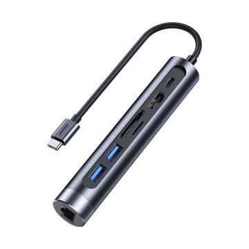 Joyroom Multifunctional USB Hub 7in1 Type C / 2 x USB 3.0 / HDMI 4K 30Hz / RJ-45 / SD Card Reader and Micro SD 100W 15cm gray (S-H111)