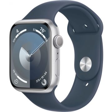 Apple Watch Series 9 GPS 45mm Silver Aluminium Case with Storm Blue Sport Band (S/ M) MR9D3